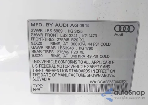 2015 Audi Q7 3.0T S Line Prestige z USA, uszkodzony, nr VIN WA1DGAFE6FD003504